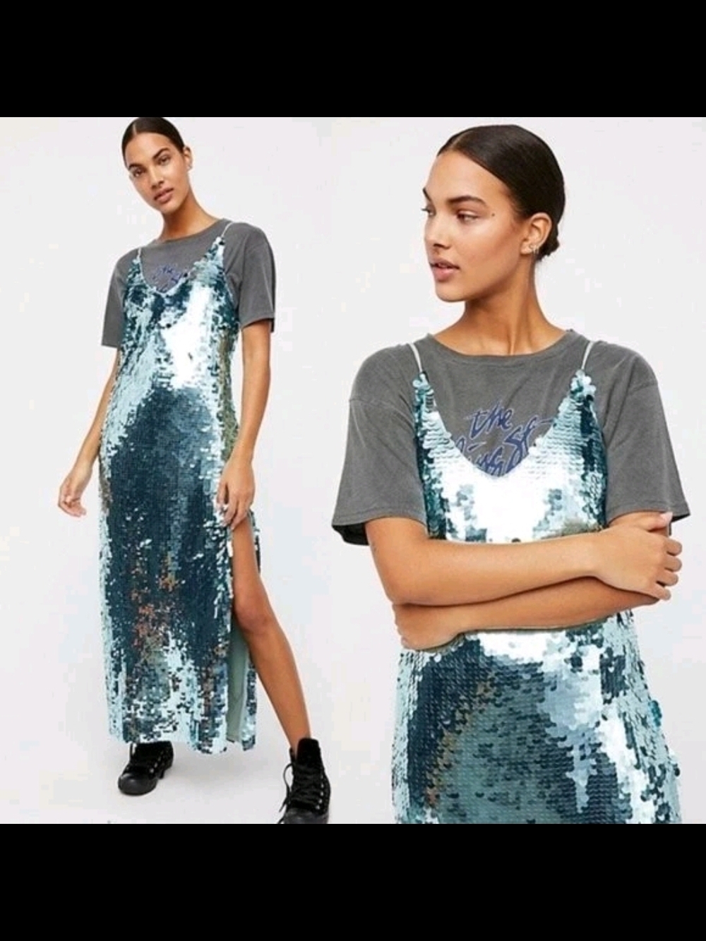 Free People Sequin Paillette Party Midi Maxi Slip Dress Teal Mermaid